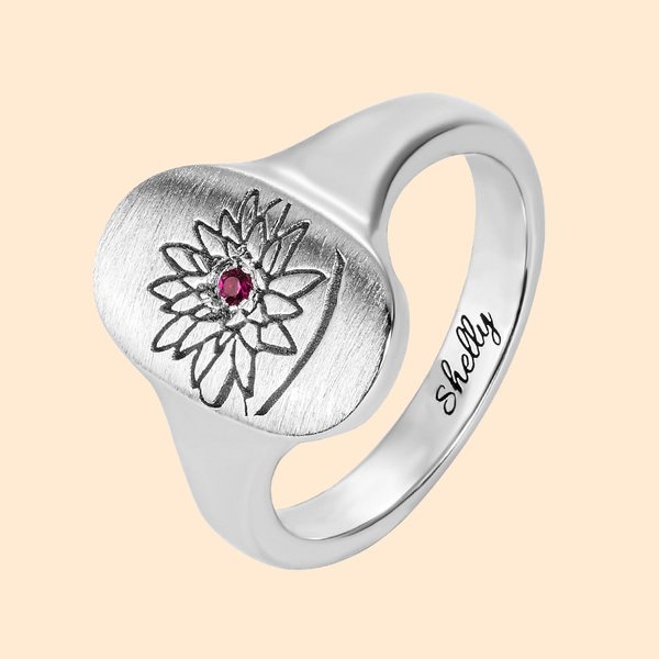 Gepersonaliseerde Geboortesteen Geboortebloem Ring