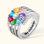Anello personalizzato in argento sterling con cuore, assortimento di 1-8 pietre di nascita, nome e testo incisi Regalo di compleanno per la festa dell
