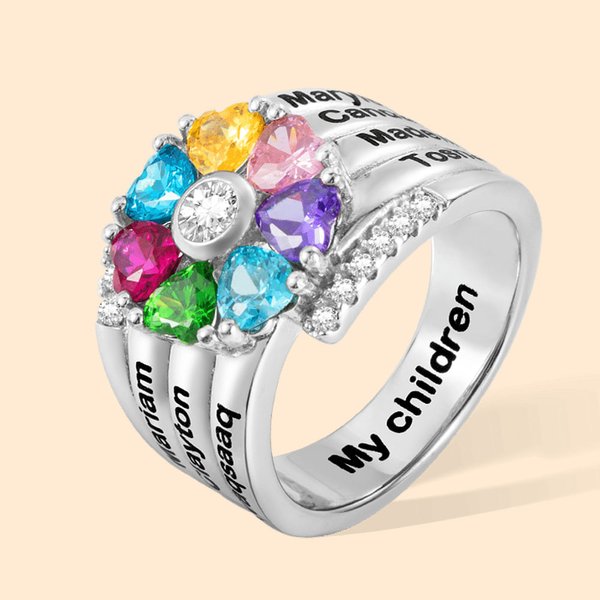 Anello personalizzato in argento sterling con cuore, assortimento di 1-8 pietre di nascita, nome e testo incisi Regalo di compleanno per la festa dell