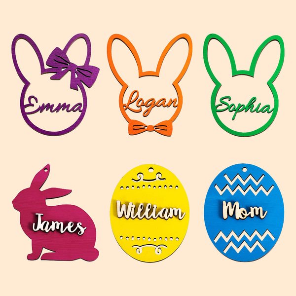 Personalised Wooden Bunny Eggs Easter Basket Tag with Name Easter Gift for Kids