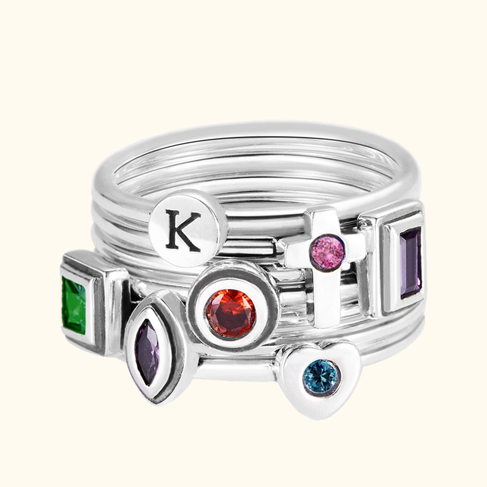 Bague Empilable Personnalisée avec Pierre de Naissance ou Initiale Cadeau Anniversaire Fête pour Femme