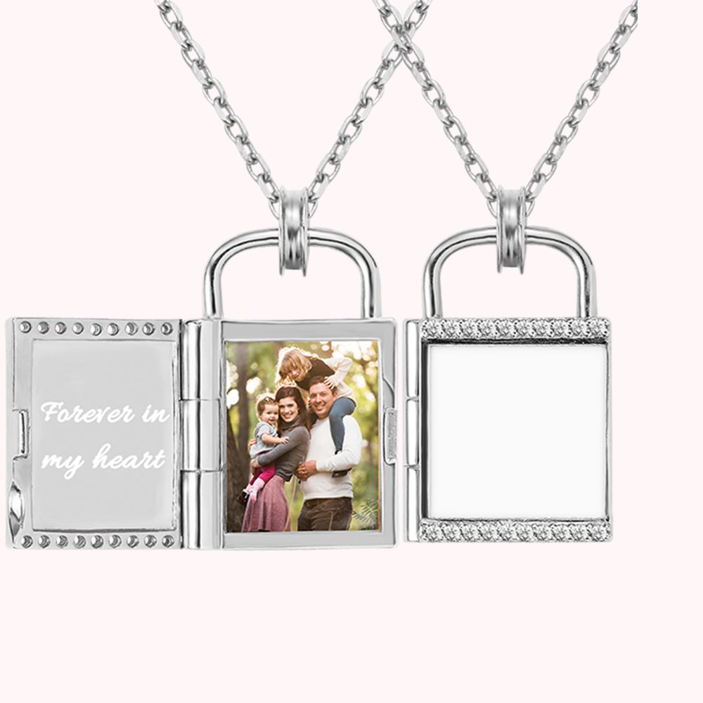 Collier de Pendentif Personnonalisé avec Photo et Gravure Médaillon de Cadenas en Argent pour Femme Famille