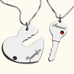 Engraved Heart & Key Name Pendant Set For Couples