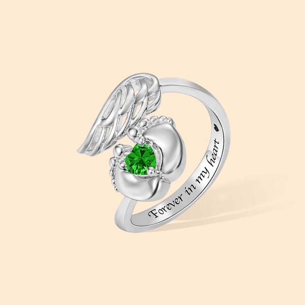 Anillo de Piedra de Nacimiento Personalizado Alas de Ángel y Pies de Bebé con Texto Grabado Pérdida Memorial Simpatía Regalo para Mujeres