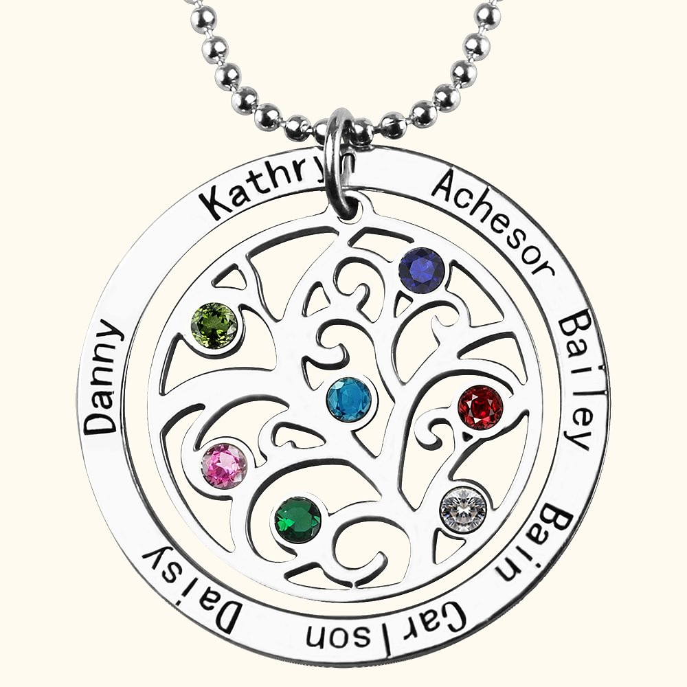 Collier Cercle Arbre Généalogique avec Pierres de Naissance et Prénoms d'Enfants Personnalisé pour Maman Grand-Mère Femme