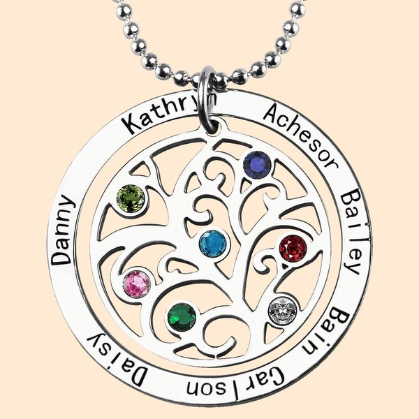 Circle Family Tree Necklace with Children Birthstones and Names