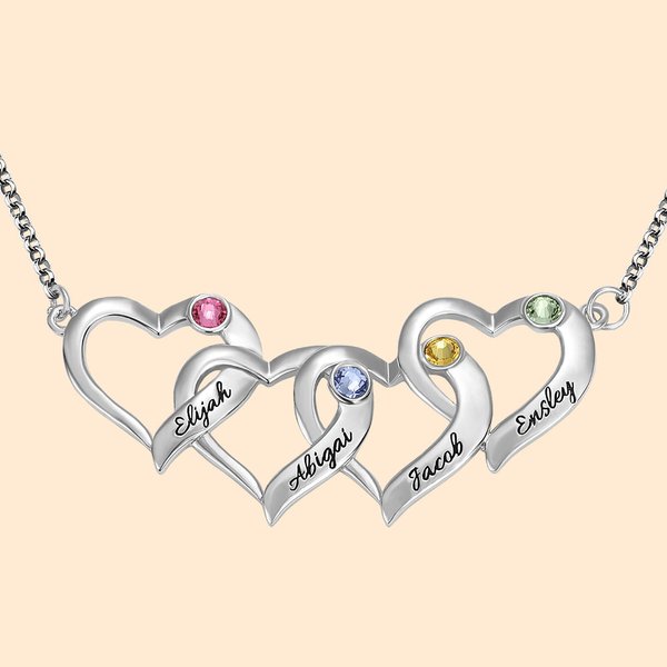 Collar personalizado Corazones entrelazados de madre con nombres de niños y piedras de nacimiento