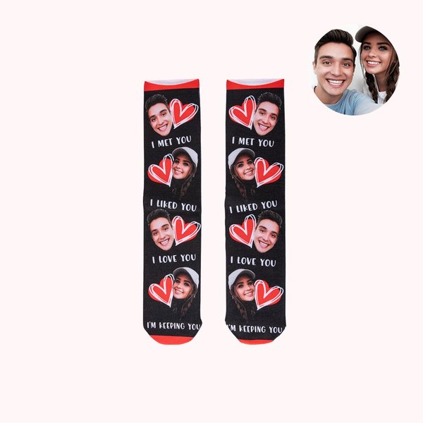 Chaussettes Motif Cœur Personnalisées avec Visage de Couple Cadeau Anniversaire Saint-Valentin pour Couple