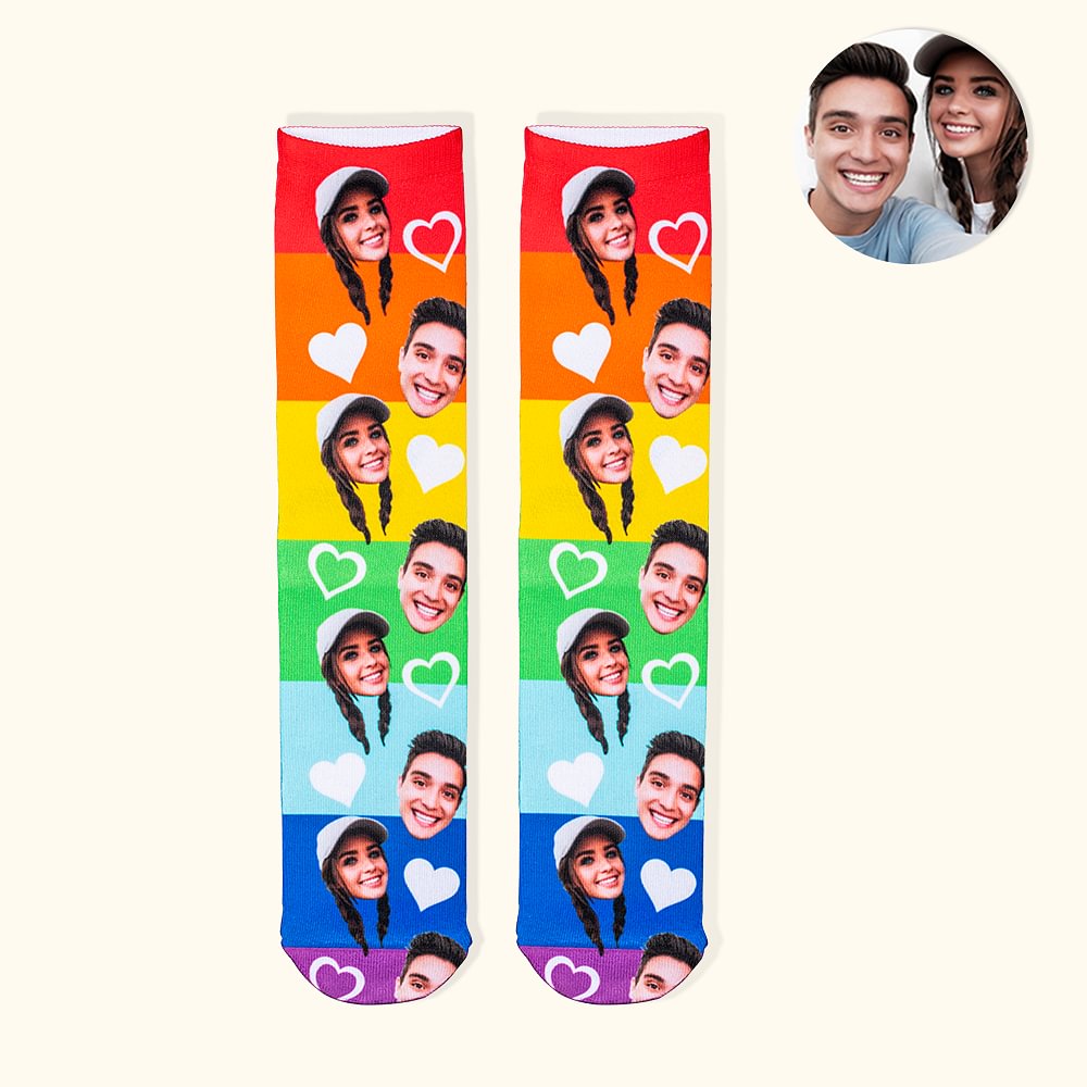 Chaussettes Unisexes et Multicolores avec Coeur Personnalisées avec Visage de Couple Cadeau d'Anniversaire St Valentin pour Couple