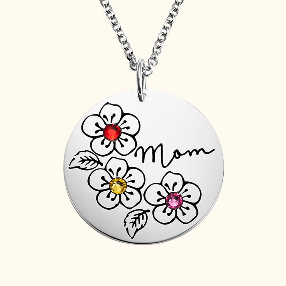Collier Gravé Personnalisé avec 1-9 Pierres de Naissance et Prénom sur Médaille de Fleurs Sakura Cadeau Familial Fête des Mères pour Maman