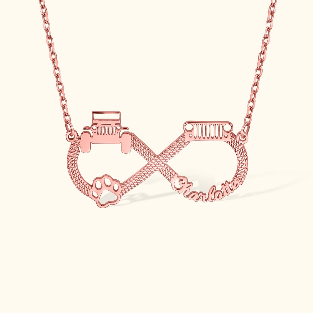 Collier Pendentif Infini Prénom Personnalisé avec Jeep Patte Cadeau pour Ami Qui Aime les Véhicules