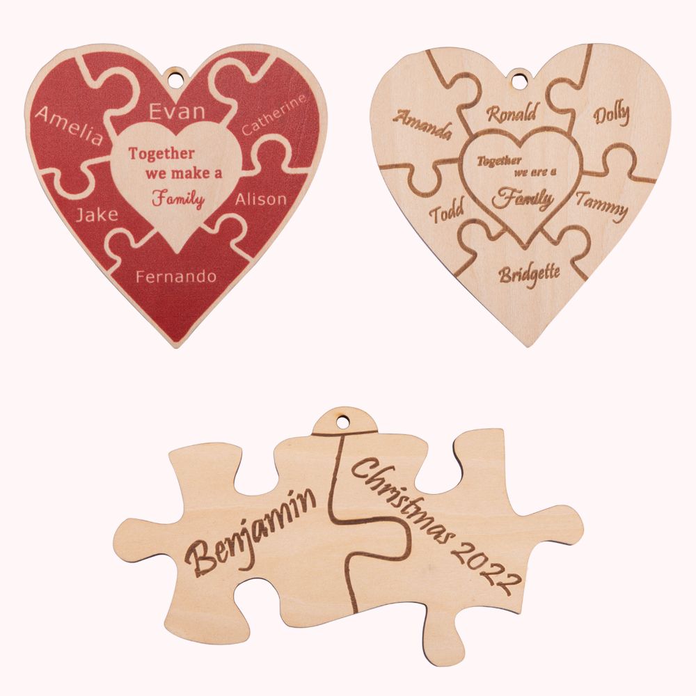Ornement de Noël de Famille Puzzle de Cœur en Bois Personnalisé