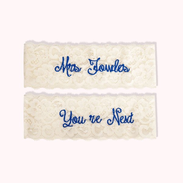 Personalisierte bestickte Spitze Hochzeit und Toss Strumpfbänder