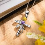 Personalised Cross Necklace with Birth Flower Birthstone and Name Religious Pendant Jewellery Baptism Birthday Gift for Women