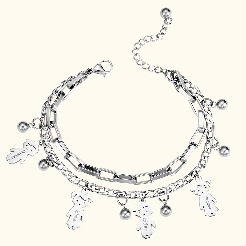 Bracelet à Double Couche Personnalisé avec Nom sur Breloque Cadeau d'Anniversaire pour la Famille ou les Amis