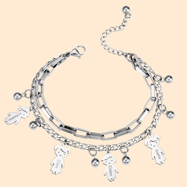 Bracelet à Double Couche Personnalisé avec Nom sur Breloque Cadeau d'Anniversaire pour la Famille ou les Amis