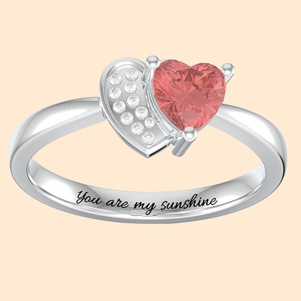 Anillo de Promesa Doble Corazón para Ella con Grabado y Piedra de Nacimiento en Plata