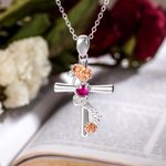 Personalised Cross Necklace with Birth Flower Birthstone and Name Religious Pendant Jewellery Baptism Birthday Gift for Women
