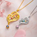 Personalized Double Love Heart Necklace with 1-8 Birthstones Engrave Names Mother's Day Birthday Gift for Mom Grandmother