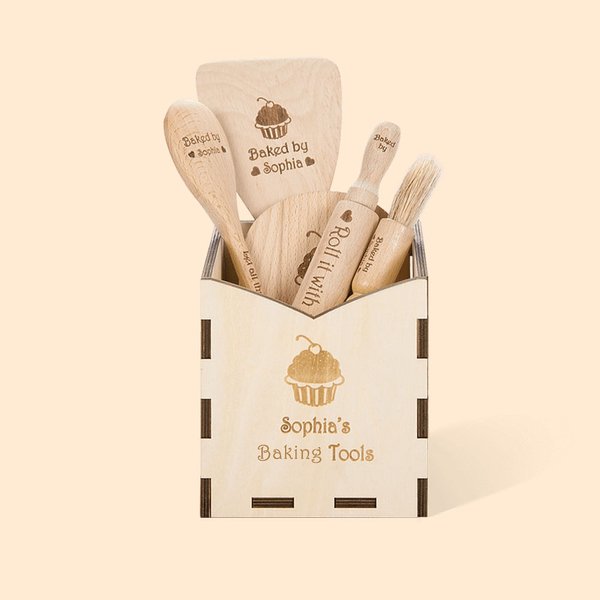 Strumenti di cottura in legno personalizzati con nome, set di 6 utensili da cucina, regalo di Natale per bambini.