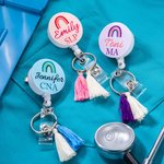 Personalised Rainbow Name Title Retractable Badge Reel ID Card Holder with Tassels or Beads Birthday Appreciation Gift for Teacher Doctor Nurse