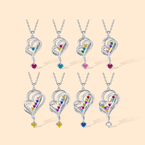 Collar Personalizado Doble Corazón de Amor con 1-8 Piedras de Nacimiento Grabar Nombres Día de la Madre Cumpleaños Regalo para Mamá Abuela
