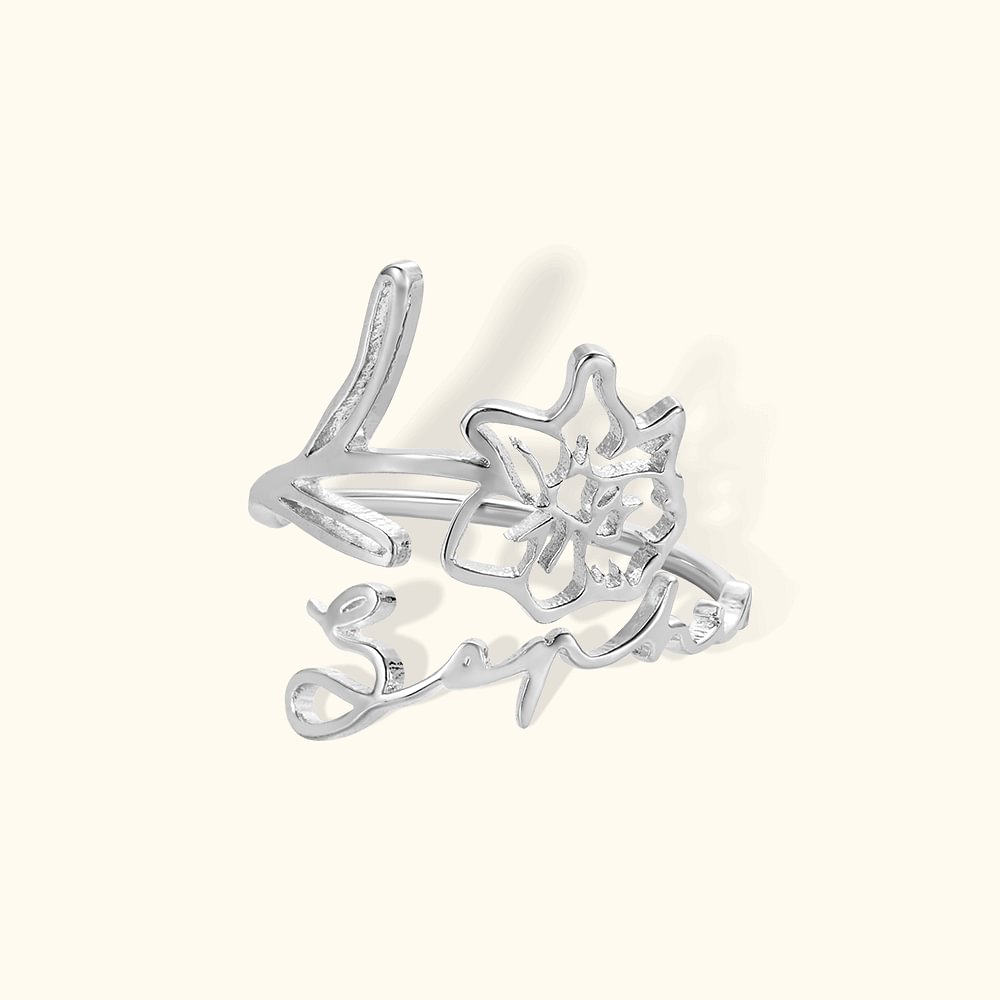 Bague Personnalisée avec Nom et Fleur de Naissance Sculptés Cadeau Anniversaire Fête des Mères pour Femme