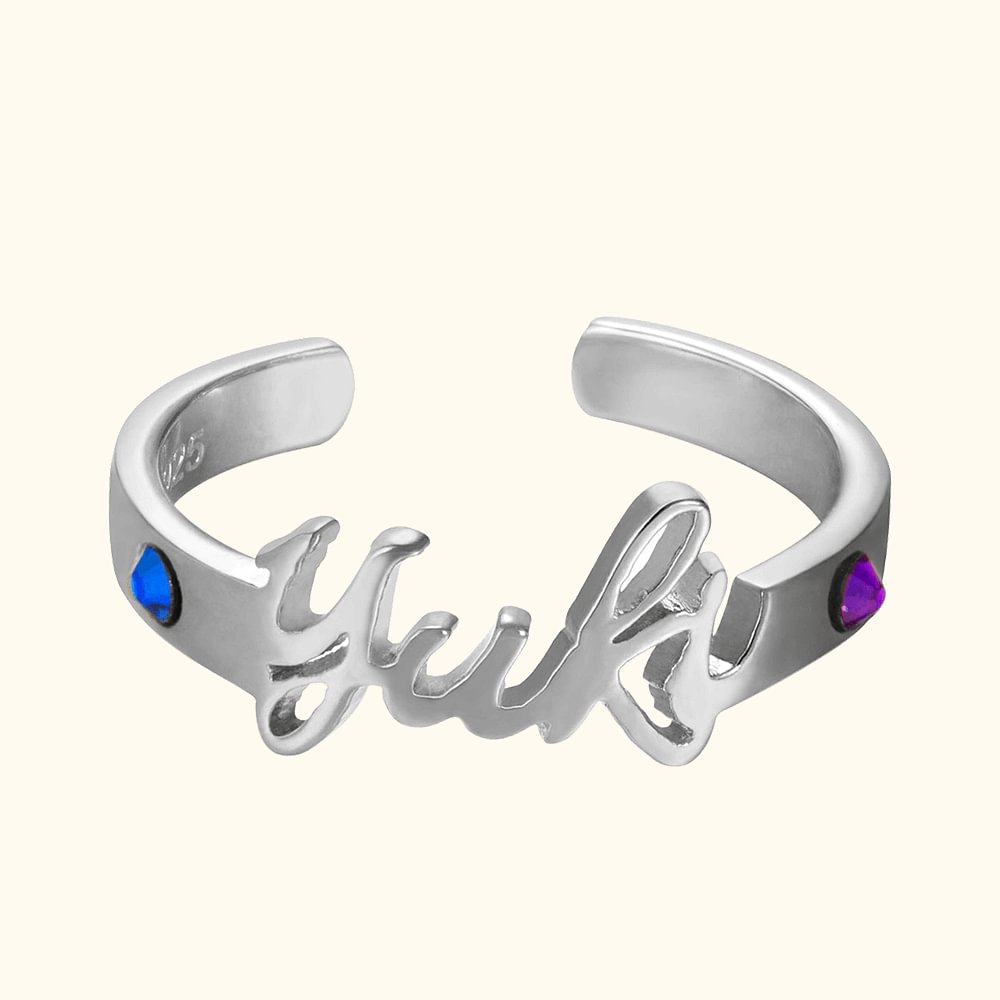 Boucle d'Oreille Personnalisée avec Nom et Pierre de Naissance Bague pour Petit Doigt Cadeau Anniversaire Fête des Mères pour Elle