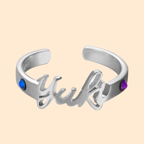 Boucle d'Oreille Personnalisée avec Nom et Pierre de Naissance Bague pour Petit Doigt Cadeau Anniversaire Fête des Mères pour Elle