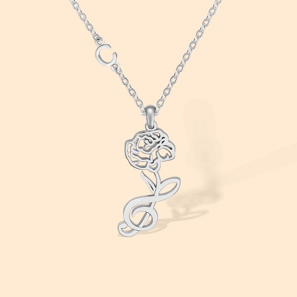 Collier à Personnalisé avec Initiale et Fleur de Naissance Pendentif avec Fleur et Notation Musicale Cadeau Anniversaire Fête des Mères pour Maman
