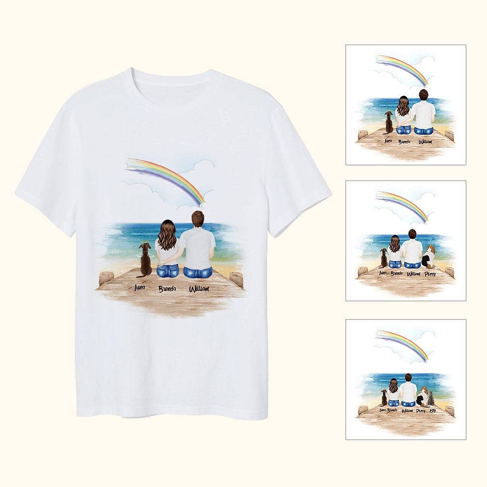 T-shirt Commémoratif Personnalisé avec Vue de Dos d'un Animal de Compagnie et d'un Couple Cadeau d'Anniversaire St Valentin pour Couple