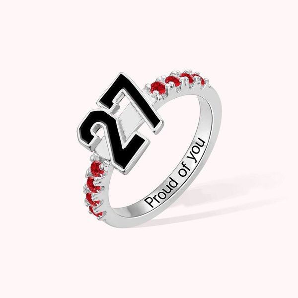 Personalized Sterling Silver Sports Number Birthstone Ring with Engraved Text Basketball Baseball Mom Ring Gift for Sport Lovers