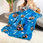 Personalized Paw Bone Pet Head Photo Flannel Blanket With Name Birthday Christmas Gift For Pet Lover