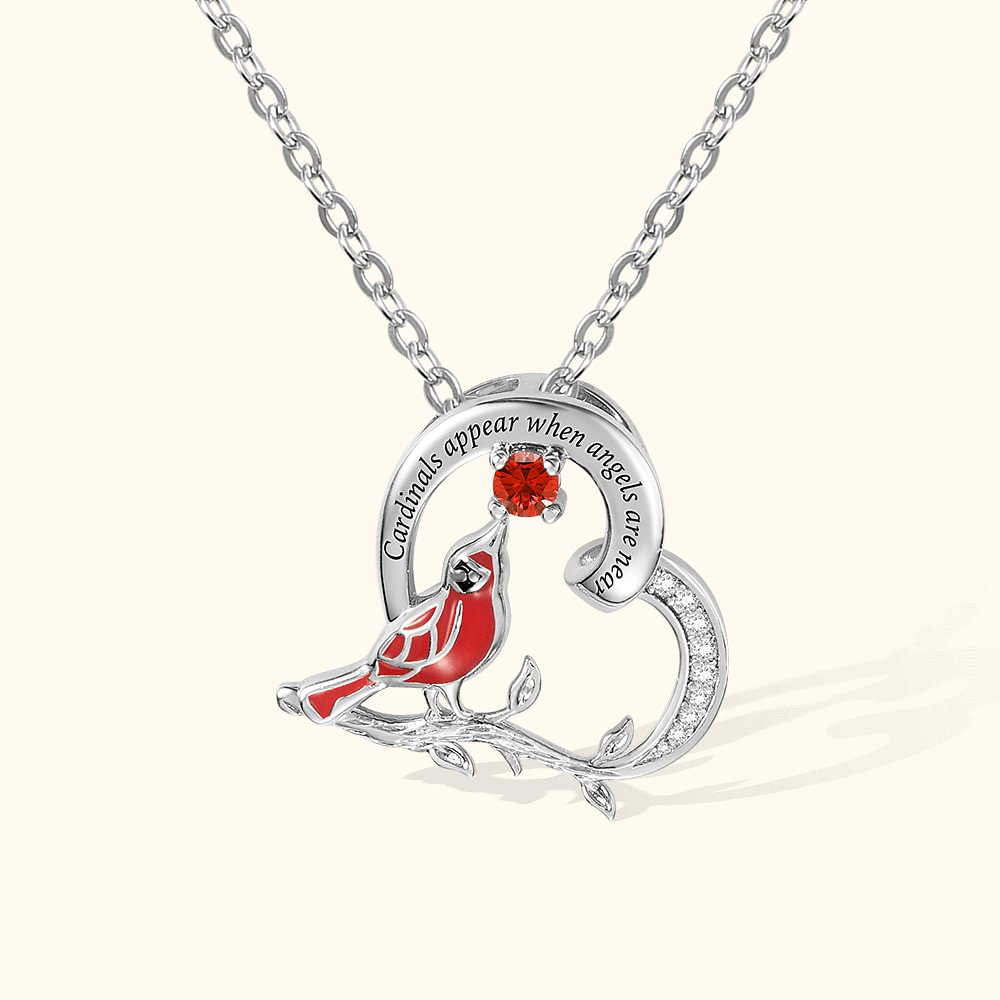 Collier avec Message Personnalisé et Pierre de Naissance Pendentif d'Oiseau Rouge en Forme de Cœur Cadeau Anniversaire pour Femme