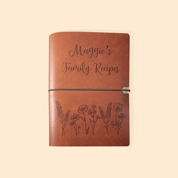 Gepersonaliseerd Leren Receptenboek met Bloemen Gepersonaliseerd Moederdagcadeau