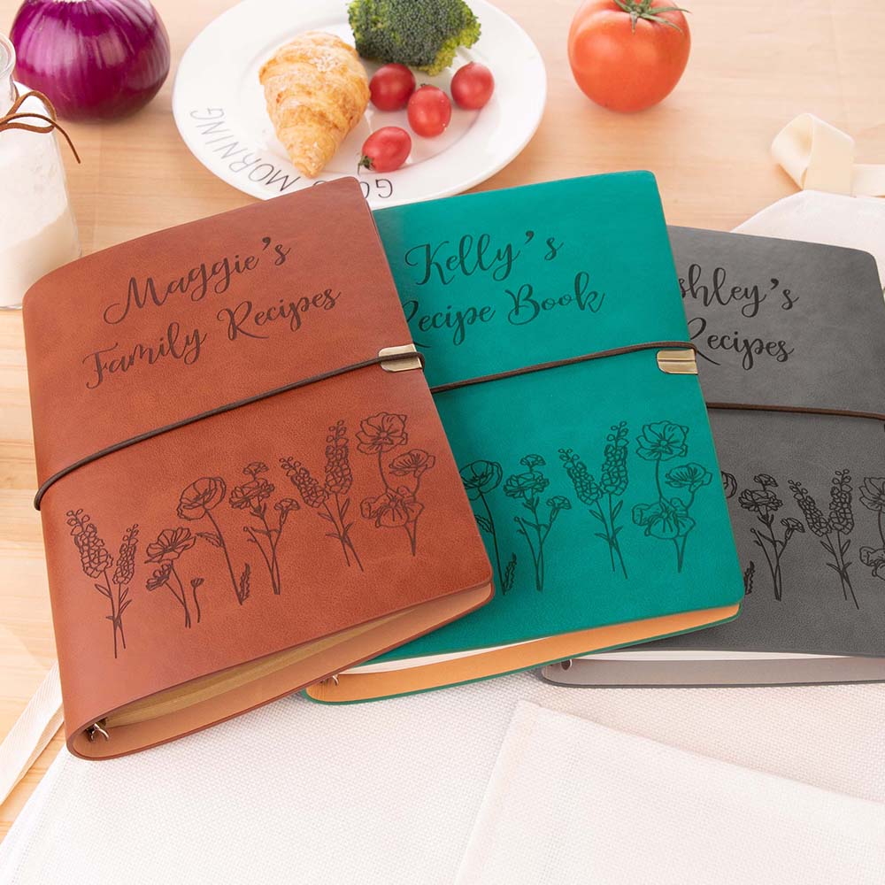 Customized Leather Recipe Book with Flowers Personalised Mother's Day