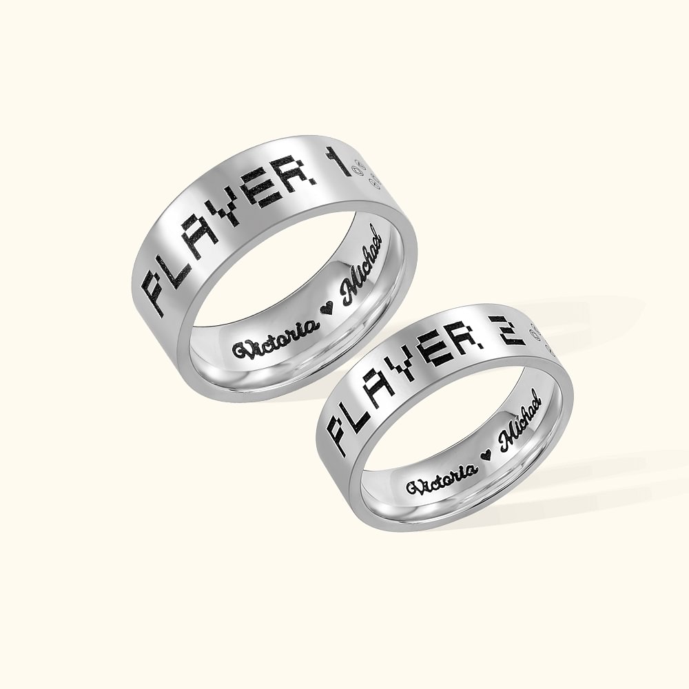 Bague Personnalisée avec Nom Bague Seule Couple Gravure Player1 Player2 avec Police de Pixel Cadeau pour Couple