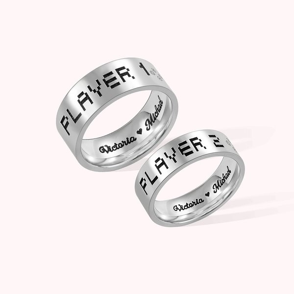 Bague Personnalisée avec Nom Bague Seule Couple Gravure Player1 Player2 avec Police de Pixel Cadeau pour Couple