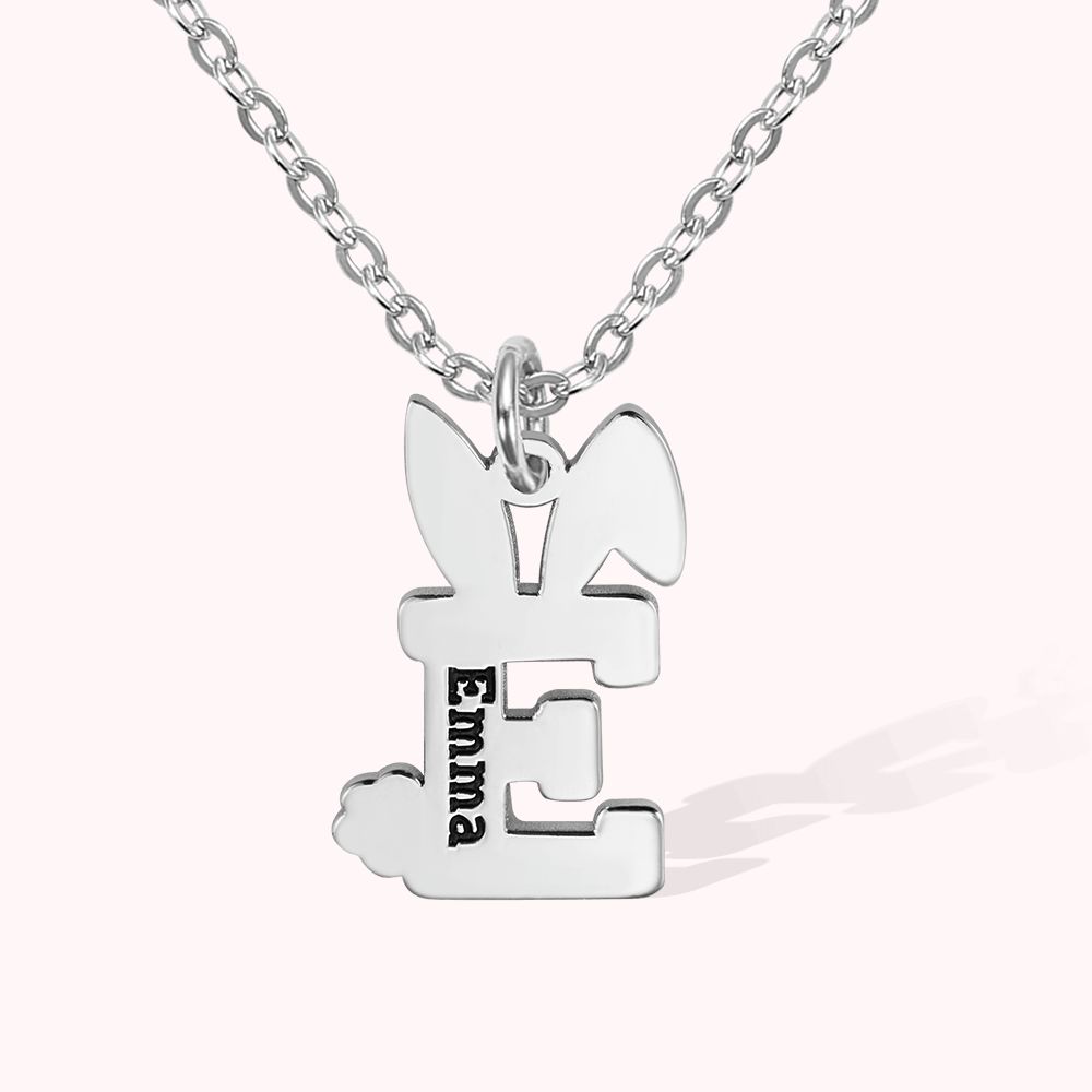 Collier Gravé Initiale en Lapin Collier Personnalisé avec Nom Cadeau Anniversaire Pâques pour Enfant Ami Famille