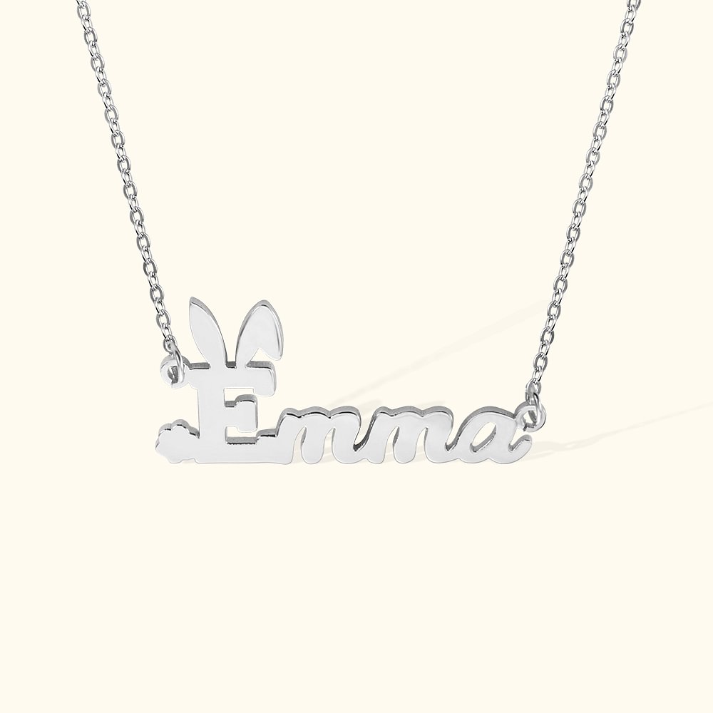 Collier Personnalisé avec Prénom Horizontal à Oreille Lapin Collier en Argent pour Femme Cadeau Anniversaire