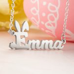 Collier Personnalisé avec Prénom Horizontal à Oreille Lapin Collier en Argent pour Femme Cadeau Anniversaire