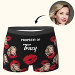 Personalized Kiss Lip Property of Wife Face Photo Brief Boxer with Name Funny Men's Underwear Birthday Valentine's Day Gift for Husband Boyfriend