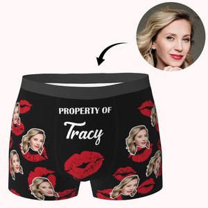 Personalizzato Bacio Labbra Proprietà di Moglie Faccia Foto Slip Boxer con Nome Divertente Intimo Uomo Compleanno San Valentino Regalo per Marito Fidanzato