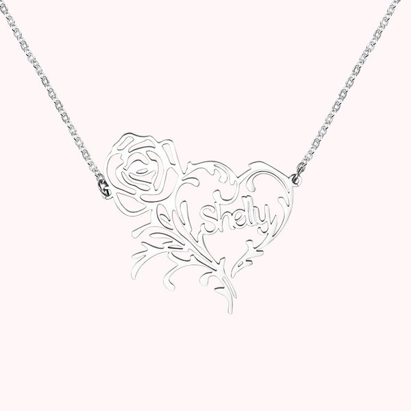 Collier Prénom Rose Personnalisé Pendentif Coeur et Fleur Évidés Cadeau pour Femme