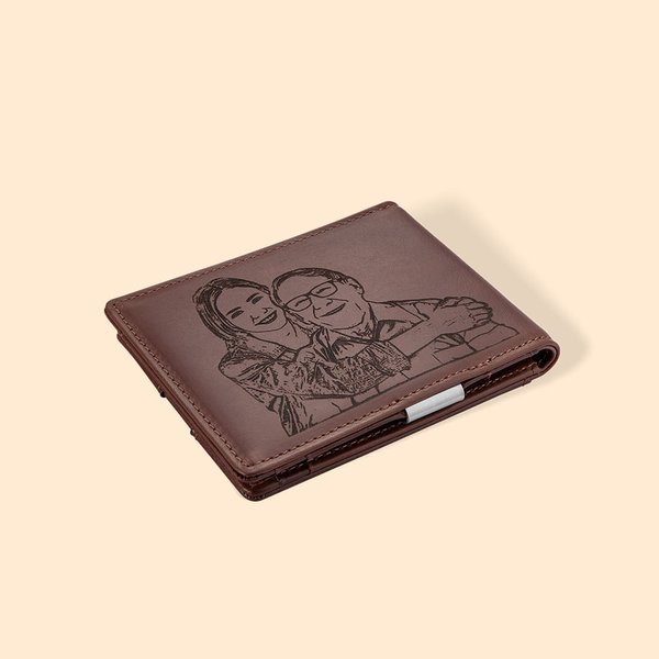 Portefeuille en Cuir Personnalisé avec Gravure Photo et 1-4 Noms Enfants Cadeau Fête des Pères Anniversaire pour Homme