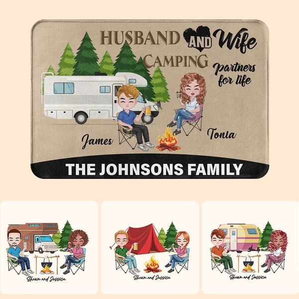 Personalisierte Camping Partner für das Leben Fußmatte mit Wald Lagerfeuer Elemente Paar Thema Home Dekoration Geschenk für Camping-Enthusiasten
