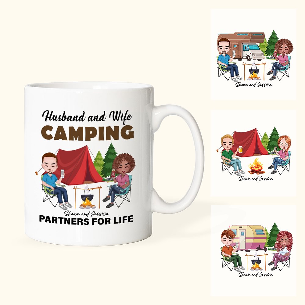 Mug Thème du Camping Personnalisé avec Motifs et Noms sur la Tasse Cadeau pour Couple Amateurs de Voyage