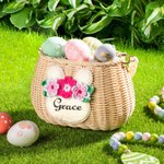 Personalized Handcrafted Bunny Rattan Basket with Name and Pearl Handle Easter Eggs Candy Hunting for Kids
