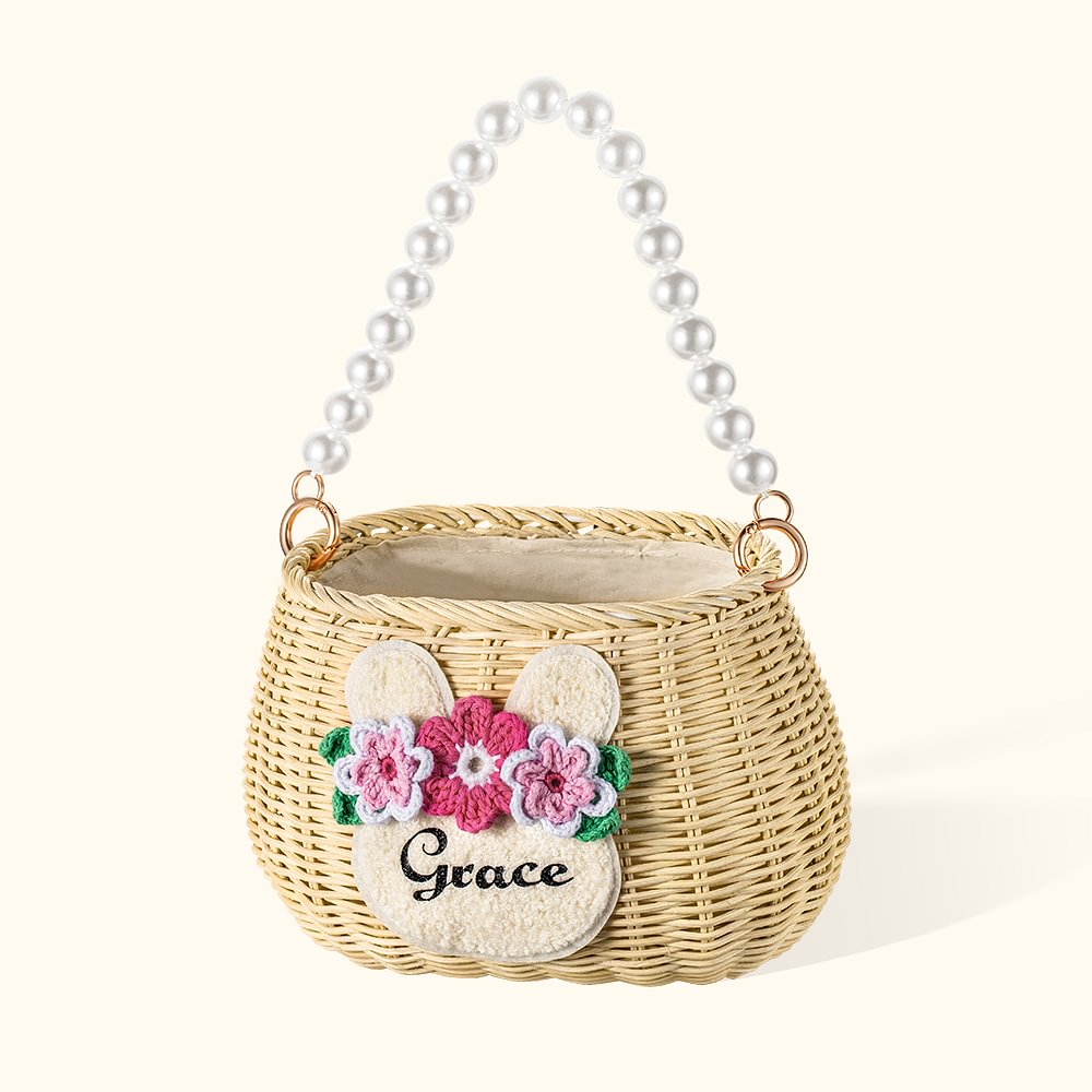 Panier en Rotin à Motif Lapin et à Poignée en Perles Corbeille Personnalisée avec Nom Cadeau de Pâques pour Enfant