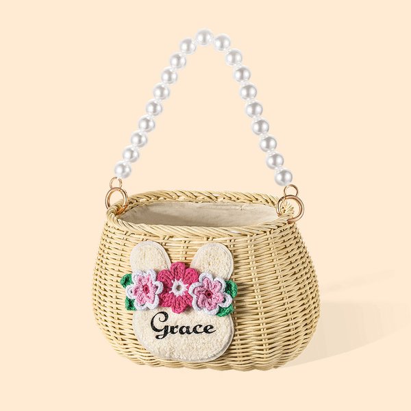 Personalized Handcrafted Bunny Rattan Basket with Name and Pearl Handle Easter Eggs Candy Hunting for Kids